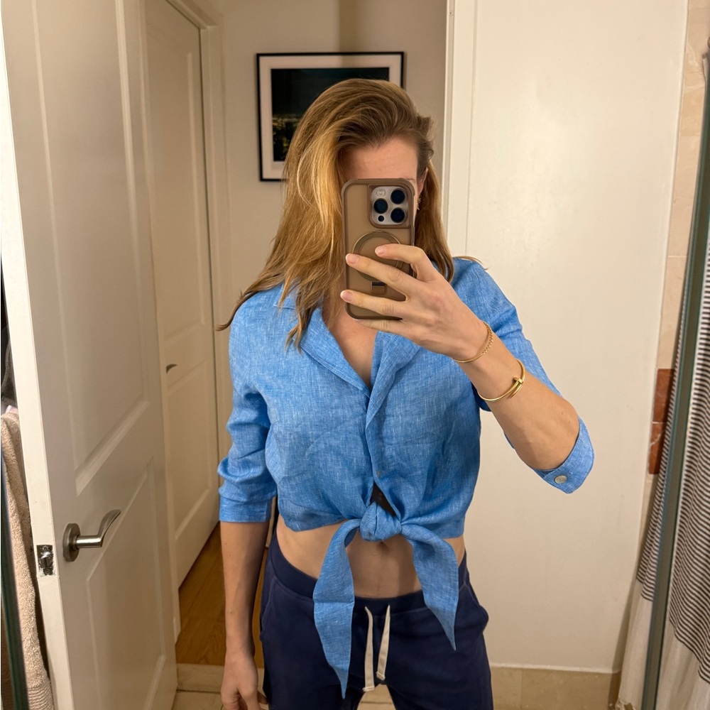 Blue Linen Tie-Front Top